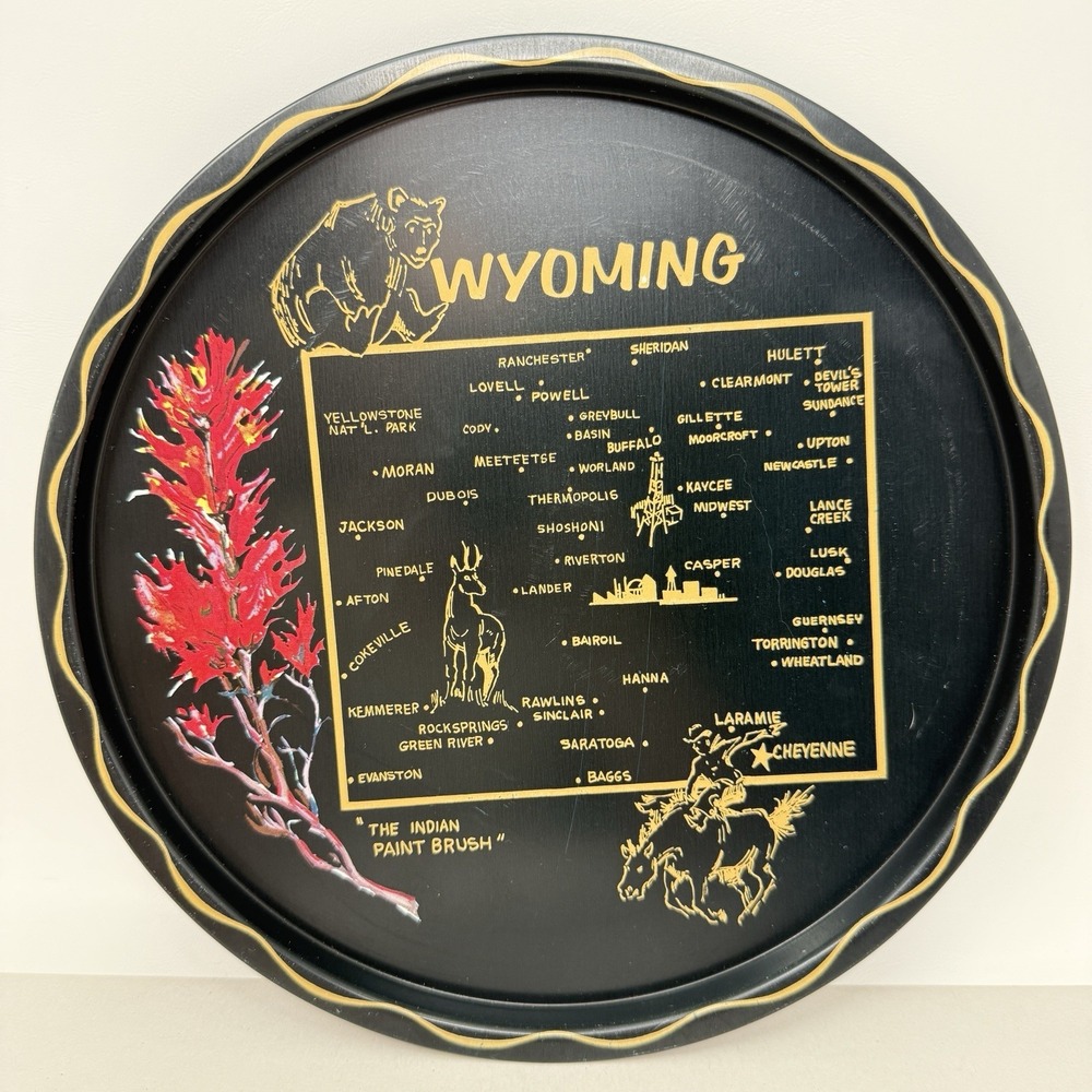 Vintage Wyoming State Tray MCM Kitschy Barware Graphic Souvenir Decor Platter